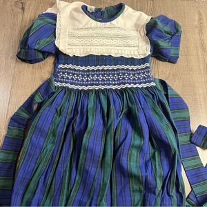 Vtg kids Blue + Green Plaid Smocked Dress with Lace Bib